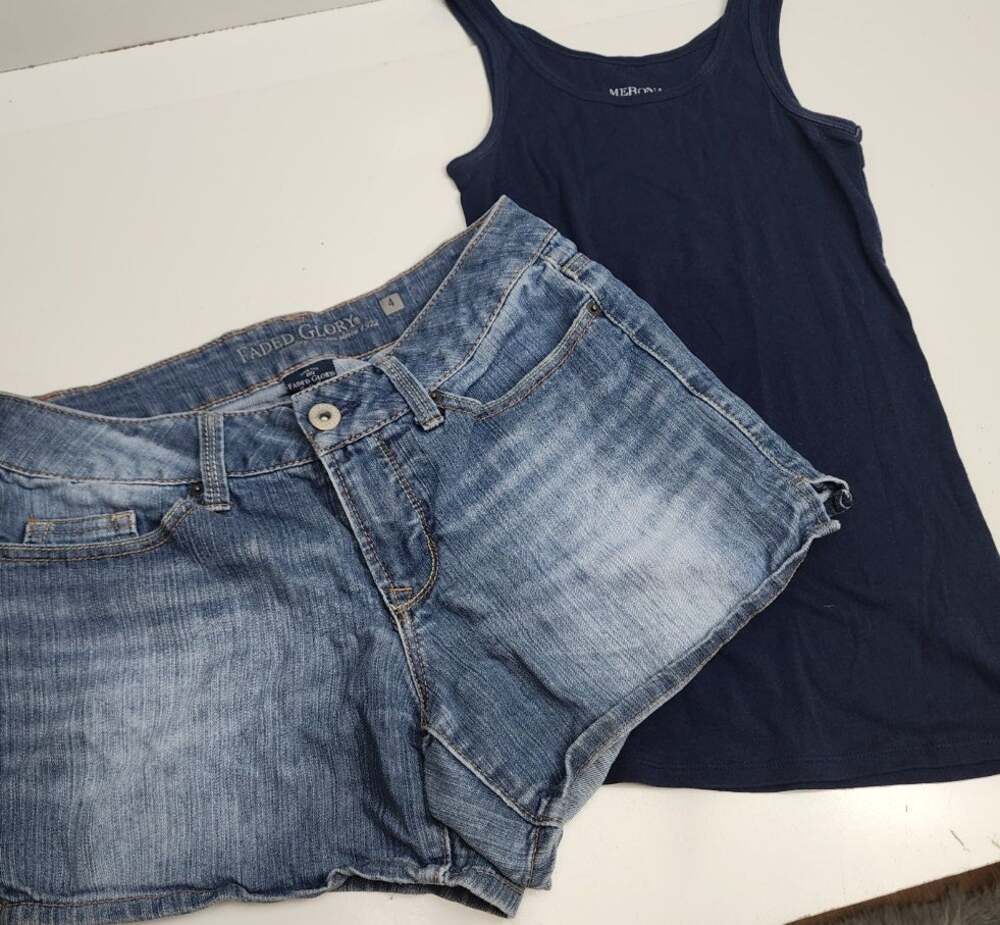 Merona Navy Blue Tank Top Size XS & Faded Glory Denim Dark Jean Shorts Size 4